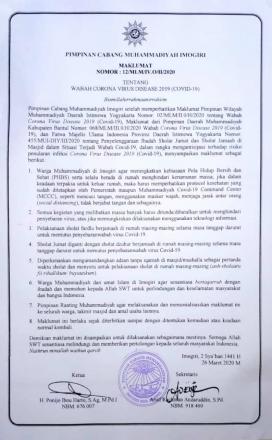 Cegah Penyebaran Virus Korona, Pimpinan Cabang Muhammadiyah (PCM) Imogiri Keluarkan Maklumat 