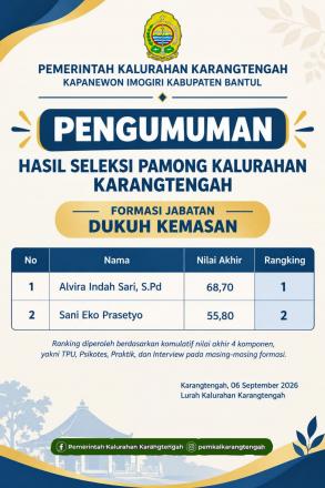 PENGUMUMAN HASIL SELEKSI PAMONG KALURAHAN KARANGTENGAH